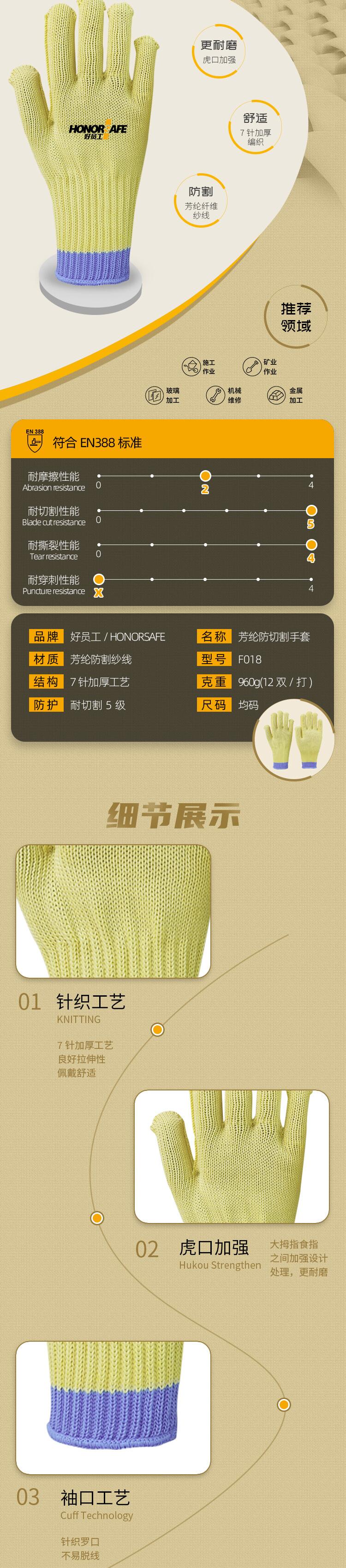 好員工F018黃藍長款五級防割手套圖片