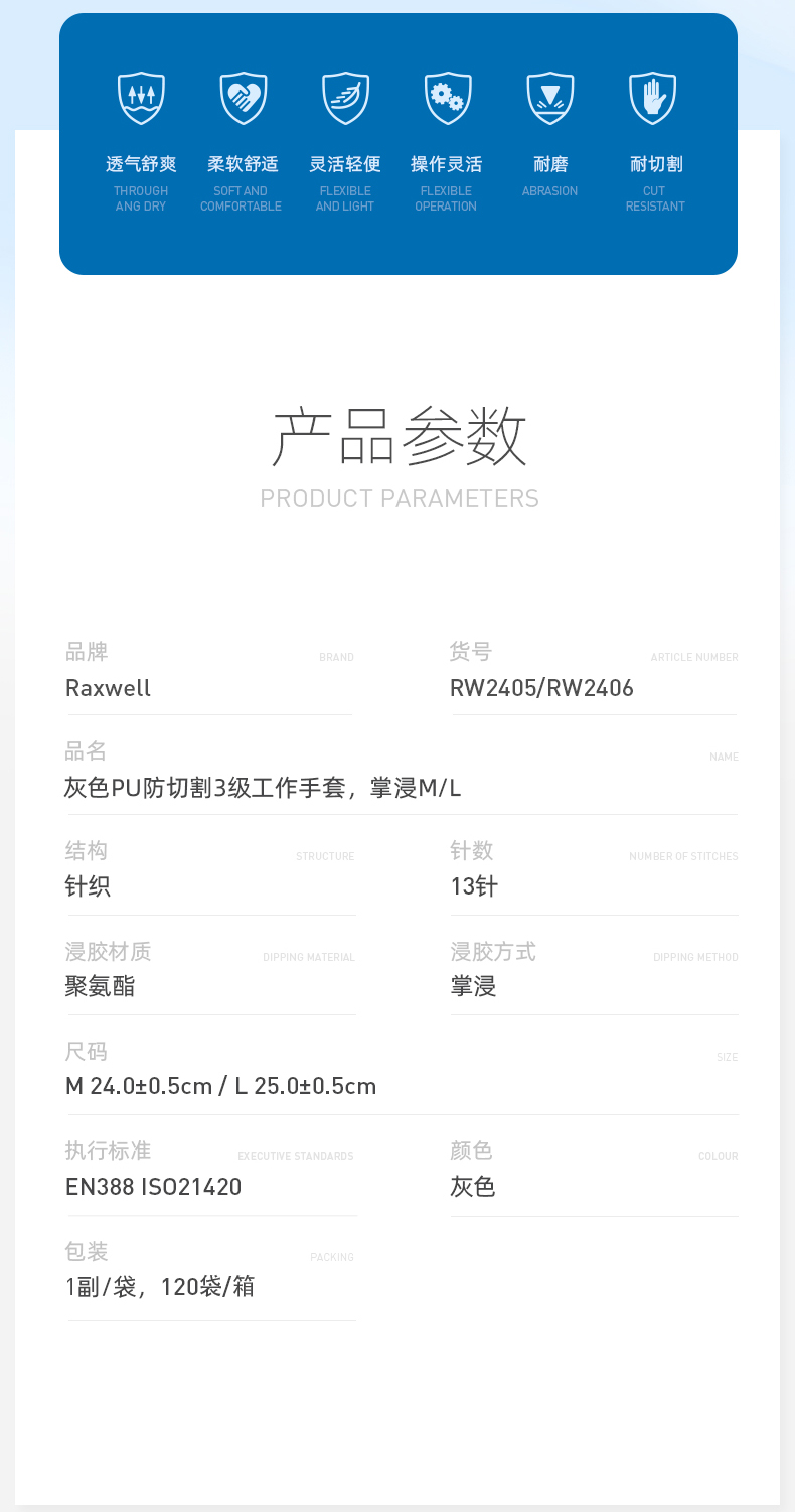瑞氪維爾RW2405PU涂層3級防割手套圖片2