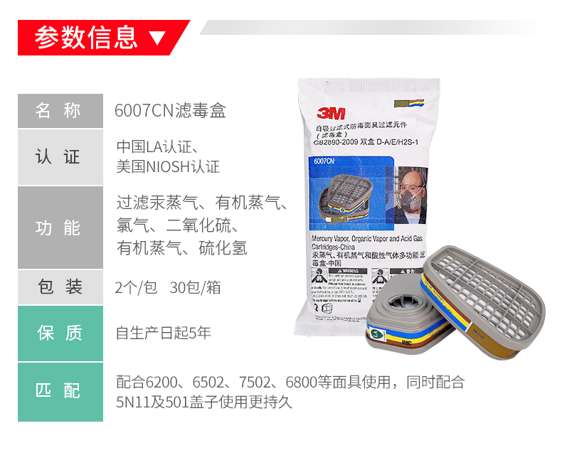 3M6007CN防汞蒸氣有機酸性氣體濾毒盒圖片5