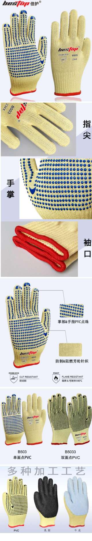 bestop倍護B503單面PVC點塑防滑3級防割手套圖片