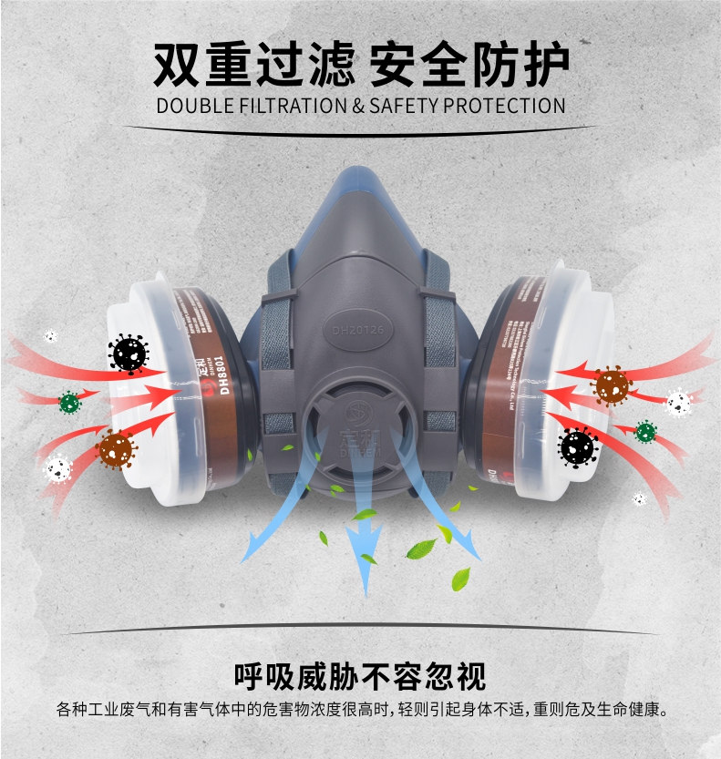 定和DH20126+8801硅膠雙濾盒半面罩防毒面具套裝圖片5