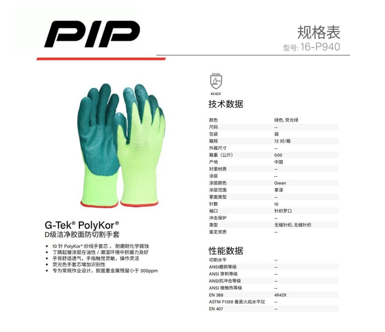 PIP 16-P940 D級潔凈膠面防切割手套