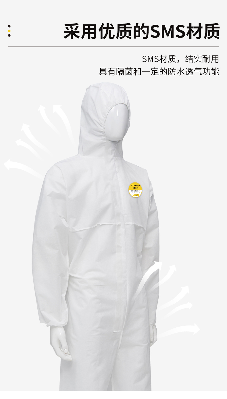 STANLEY史丹利ST3310白色SMS帶膠條防塵靜電連體防護(hù)服3