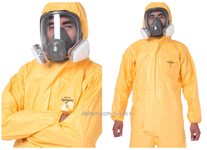 穿杜邦tychemC化學防護服戴防毒面具圖片
