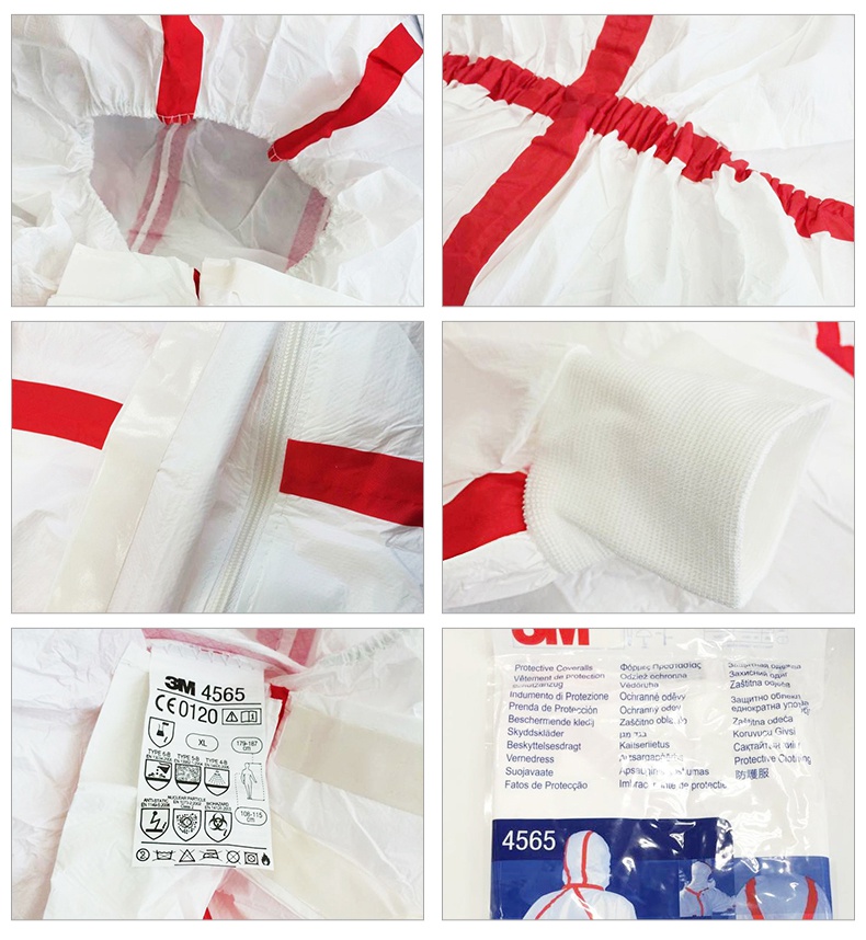 3M4565白色帶帽紅色膠條連體防護服細節圖片